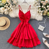 Summer Women V-neck Sling Cascade Ruffles Short Dress High Waist Slim Beach Backless Butterfly Bandage Red