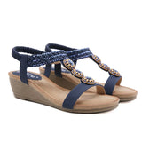 Women Sandals Summer Shoes Slip On Ladies Wedge Sandals Fashion Rhinestone Wooden Beads Open Toe Casual Female