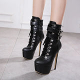 High Heels Ankle Boots 16cm Sexy High Heels Platform Boots Round Toe Leather Booties Black Shoes Ladies Party Shoes