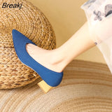 Heel Women Pointed Toe Single Shoes Solid Color Knitting Weave Shoes Square Heel Latex Insole Spring Autumn