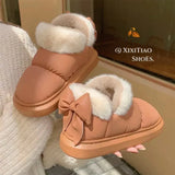 Women Cute Warm Ankle Boots Ladies Outdoor Non-slip Thick Sole Snow Boot Furry Bow Cotton Shoe Waterproof Plush