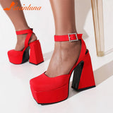 Chunky Heeled Satin Ankle Strap Pumps 2023 Spring Summer High Heel Wedding Shoes Walking Comfy Women Sandal Big Size