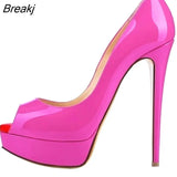 Sexy Peep Toe Platform Women Pumps 14cm Super High Patent Leather Heels Shoes Red Wedding