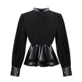 Black Casual Patchwork Ruffle Shirts Female Stand Collar Long Sleeve Korean Slim Fashion Woman Blouses 2021