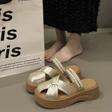 Breakj Version Of The Trend Fashion Slippers Women's Hollow Beads Wearing Beach Shoes Simple Thick Soles Small Height