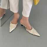 High-Heeled Shoes Lady Woman's Slippers Slides Pointed Toe Low 2023 Cover Rome Basic PU Fabric Scandals Hoof Cover Toe