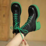 2021 New Genuine Boots Lace Up Platform Square High Heels Thick Sole Office Dress Shoes Woman Mid Calf Botas De