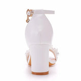 Queen White Lace Pearl Women Summer Shoes Strap Square Party Dress Sandals Bride Evening Formal High