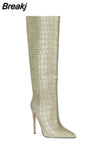 Custom Colors Pointed Women High Heel Boots Solid Color Crocodile Pattern Fine Heel Rubber Sole Madam Shoes Botas