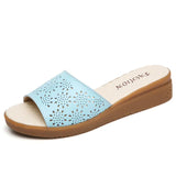 summer cow flat leather women slippers non-slip lower tendon ladies slippers solid hollow one button mothers