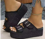 Breakj New Large-Size Lame And Denim Belt Buckle A Pedal Cool Slippers For Women To Wear Thick Bottom
