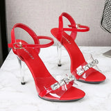 Women Shoes 2023 Summer New Candy Color Open Toe Sandals 11CM Shining Diamond Stiletto Shoes Female Sexy Transparent High