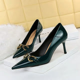 Breakj High-Heeled Women's Shoes Fine Heel Bright Face Lacquer Leather Shallow Mouth Tip OL High Heel Metal Belt Buckle Single