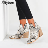 Autumn Winter Casual Western Cowboy Ankle Boots Women Snake Cowgirl Booties Short Cossacks Botas High Heels