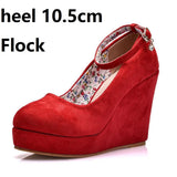 Queen High Heels Platform Wedge Female Pumps Women's Flock Buckle Bowtie Ankle Strap Wedding Shoes Round Toe