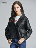 Harajuku Faux Leather Jacket Women Batwing Sleeve Pocket Black Biker Coat Female Spring Autumn Pink Basic