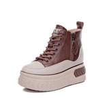 Women Shoes Soft Leather 8cm Platform Boots Wedge Hidden Heel Zip Spring Autumn Warm Fur Winter Plush Shoe
