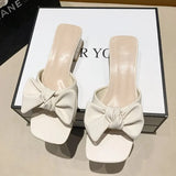 Plus Size 42 Green Bowknot Slippers Women Comfortable Low Heels Square Toe Slides Woman 2023 Summer Square Heels