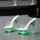 Color Square Heel Women Sandals Light Up Glowing Shoes Luminous Clear Sandals Platform Shoes High Heel 15cm Transparent
