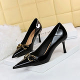 Breakj High-Heeled Women's Shoes Fine Heel Bright Face Lacquer Leather Shallow Mouth Tip OL High Heel Metal Belt Buckle Single