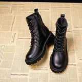 Black Leather Boots Women Shoes Platform Boots Lace Up Ankle Booties Winter Botas Fall Shoes