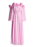 2025 Spring New Fashion Temperament Shoulder Three-Dimensional Flowers Splicing Design Lantern Sleeve Long Dress