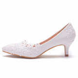Breakj Simple Lace Flower Wedding Shoes White 5Cm High Heels Wedding Photos Adult Wedding Shoes Wedding