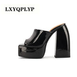 Quality High Heels Women Slippers Thick Platform Female Shoes Buckle Strap Dress Office Ladies Wedding Microfiber Leather