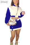 Winter Fall Outfits Women Patchwork Baseball Coat + Mini Skirts Sets 2 Piece Sets Womens Outfit Casual Streetwear