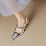 Show Thin ~ French Diamond Silver Pointed Behind Empty Mary Jane Small Leather Shoes Small Heel Baotou Sandals Women