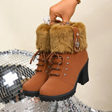 Breakj New Large Plus Velvet Warm Women's Shoes Round Head Thick Heel Short Barrel Over The Side Of The Zip