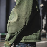 Green Retro Jacket Misplaced Oblique Buckle Swedish Motorcycle Men's Jacket AMEKAJI Cotton Washed XXXL