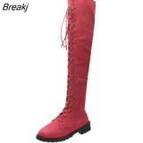 Women's Boots Low Heels Flock Winter Over Knee Boots for Woman 2023 Lace Up Fashion Female Thigh High