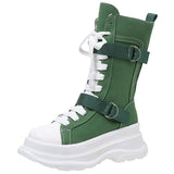 Green Chunky Mid Calf Canvas Boots Women Autumn Side Zipper Thick Bottom Motorcycle Boots Woman Lace Up Platform