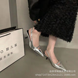 / Summer 2023 New Belt Buckle Tip Fine Heel Middle Heel Empty Head Sandal Temperament Rivet Low Heel Single Shoe