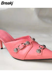 New Dropship 2023 Summer Sexy Women Mules Pump Sandals 7cm Thin High Heeled Big Size 43 Open Sole Moto Biker Rivets