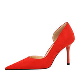 Breakj Korean Version Of Fashion Simple Heel High-Heeled Shoes Show Thin Suede Shallow Tip Side Hollow Single Shoe High