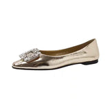 Women Flats Single Shoes Spring Autumn Solid Pu Rhinestone Mary Jane Shoes Casual Ladies Slip on Loafers Sliver Gold