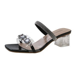 Word Rhinestone Transparent Cool Slippers Female Summer Outside Wear 2024 New Temperament Fairy High Heels Square Head Thick Heel