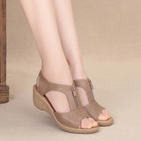 New Women Sandals High Heel Wedges Leather Shoes Woman Solid Casual Zip Platform Sandals Plus Size 35-41 Ladies
