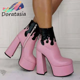 INS Hot Sale Zipper Mixed Color High Heel Round Toe Platform Ankle Boots Thick Bottom Trendy Wimter women's
