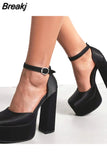 Chunky Heeled Satin Ankle Strap Pumps 2023 Spring Summer High Heel Wedding Shoes Walking Comfy Women Sandal Big Size