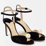 Breakj Temperament Fish Mouth Jc High-Heeled Sandals Pure Color Lace Sweet Pearl Toe High-Heeled Sandals Direct