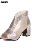 for Women Summer New 2023 Back Zipper Rhinestone Sandalias Ladies Chunky Heels Breathable Fashion Sandalias De