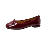 Vintage Bow Knot Lacquered Leather Bean Shoes Women's Flat Soles Summer Autumn Square Head Single Shoes Thick Heels Wine
