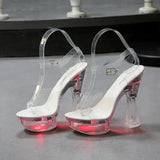 Color Square Heel Women Sandals Light Up Glowing Shoes Luminous Clear Sandals Platform Shoes High Heel 15cm Transparent