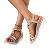 Breakj And Summer New Round Head Flat Bottom Heel Sandals Women Weaving Beads Toe Bohemian Thick-Soled Beach