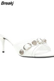 New Dropship 2023 Summer Sexy Women Mules Pump Sandals 7cm Thin High Heeled Big Size 43 Open Sole Moto Biker Rivets