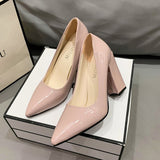 Heels Women's New Large Size Pointed Square With Shallow Fashion Patent Leather Thick With High Heel Professional Women's Single