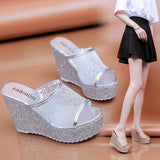 Golden Women Slippers Summer Shoes Platform 4cm Outside Fitting-room 11cm High Heels Wedges Solid Mesh Female Sliver
